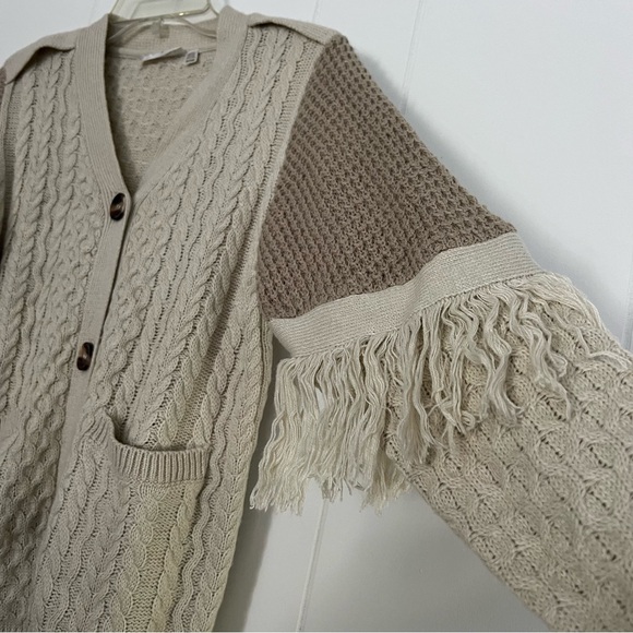 Cozy Cable Knit and Fringe Cardigan - Neutral Gray Brown - Picture 2 of 7